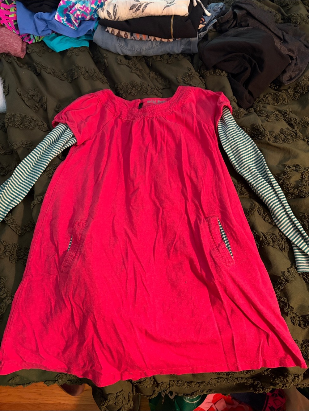 Mini Boden Hot Pink Dress with Striped Long-Sleeve Layer